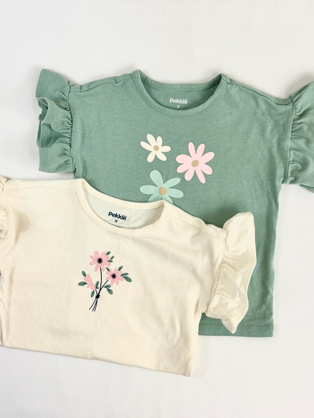 Toddler Outfit Set: Pekklē Ruffle Sleeve Tees - Sage Green & Cream + Shorts